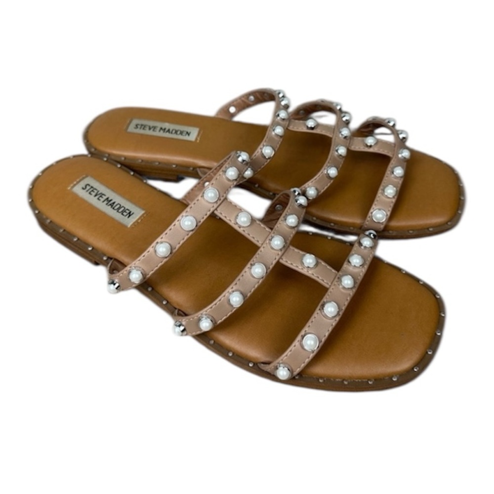 Steve Madden Lynky Tan Caged Pearl Studded Sandals Slides 9.5 NWOT
